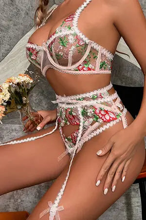Sweetest Floral Bra, G-String, Garter Set Velvet Kitten