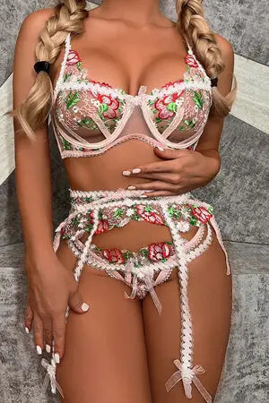 Sweetest Floral Bra, G-String, Garter Set Velvet Kitten