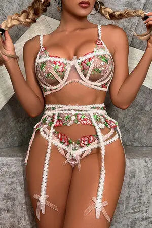 Sweetest Floral Bra, G-String, Garter Set Velvet Kitten