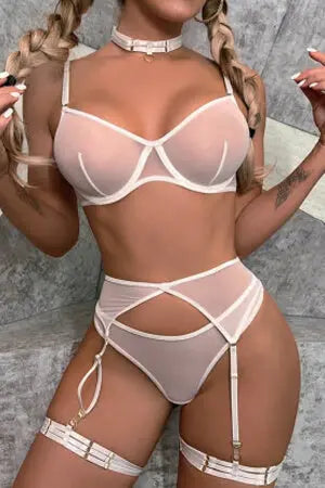 White Sheer Desire Mesh Bra, Thong and Garter Set Velvet Kitten