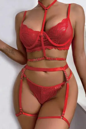 Spark Of Fire Red Lace Bra, G-String Garter Set Velvet Kitten