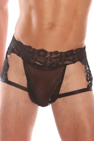 Men's Black Lace G-String Garter Short Velvet Kitten