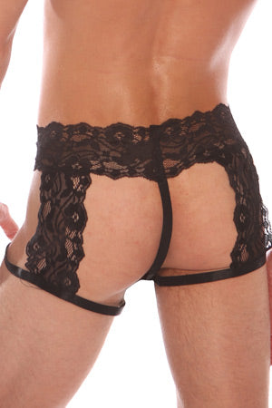 Men's Black Lace G-String Garter Short