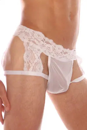 Men&#39;s White Lace G-String Garter Short Velvet Kitten