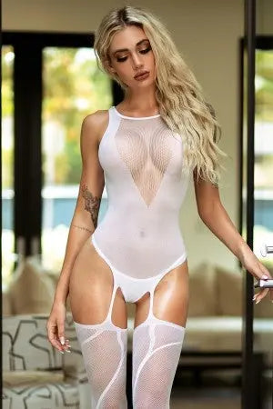 Plunge V-Neck Open Back Bodystocking With Attached Garter Tights Yelete