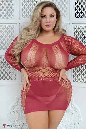 Plus Wine Red Love like Crazy Long Sleeve Fishnet Dress w/ Thong Yelete