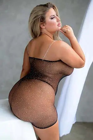 Plus Black Shimmery Fishnet Dress w/ Removable Strap Yelete