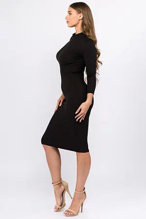 Black Mock Neck Midi Bodycon Dress Yelete