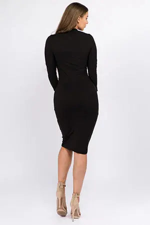 Black Mock Neck Midi Bodycon Dress Yelete
