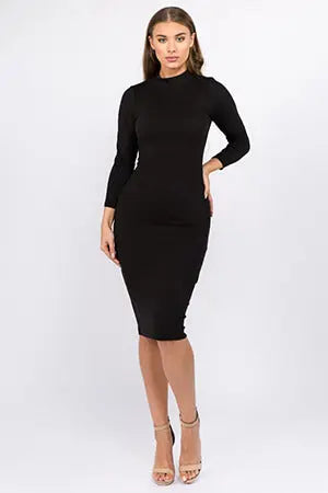 Black Mock Neck Midi Bodycon Dress Yelete