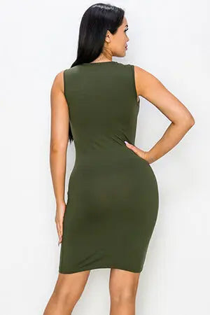 Dark Olive Party Favor Front-Cut out Sleeveless Bodycon Dress Yelete