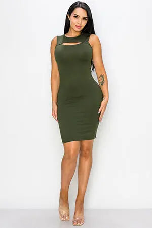 Dark Olive Party Favor Front-Cut out Sleeveless Bodycon Dress Yelete